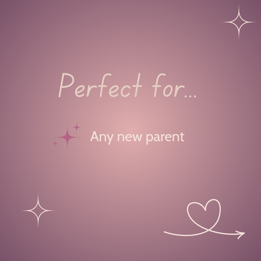 Gradient purple background with text 'Perfect for... Any new parent' and decorative elements.