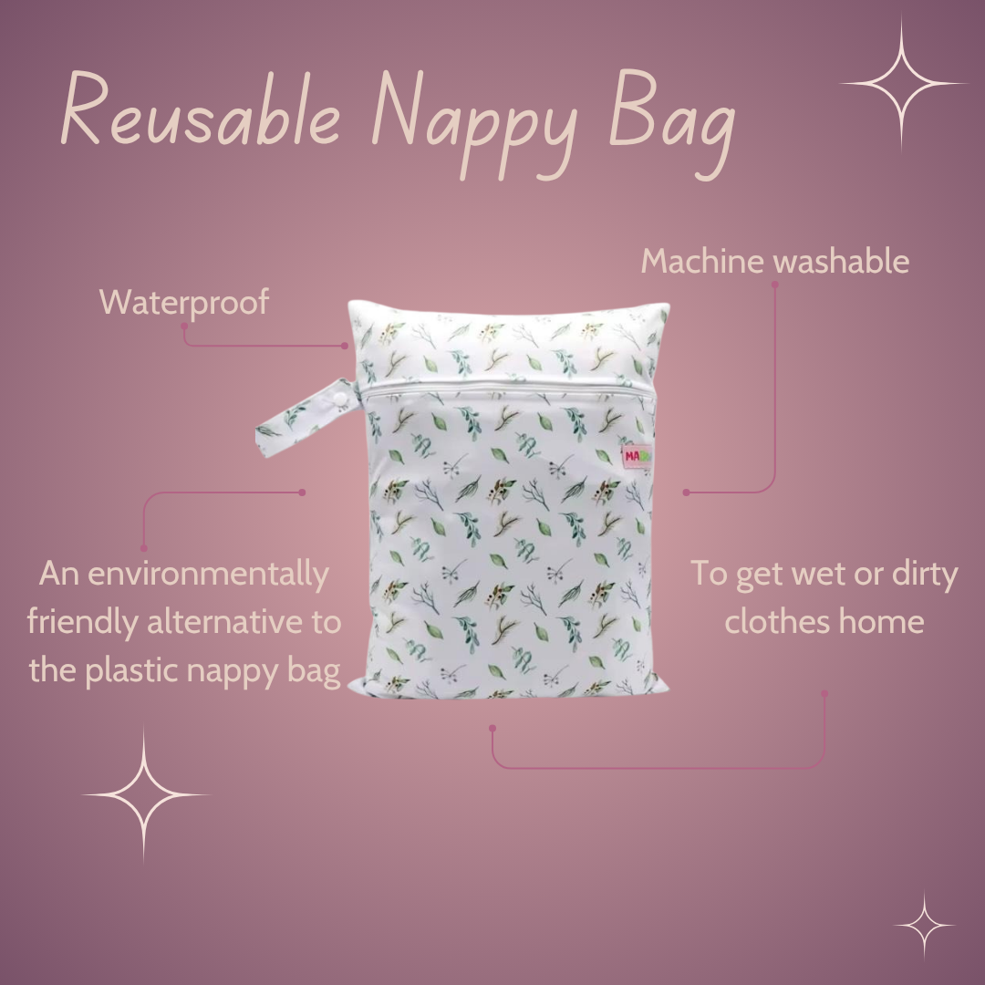 Reusable nappy bag with features on a pink background