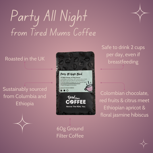 Bag of Party All Night Coffee with features on pink background