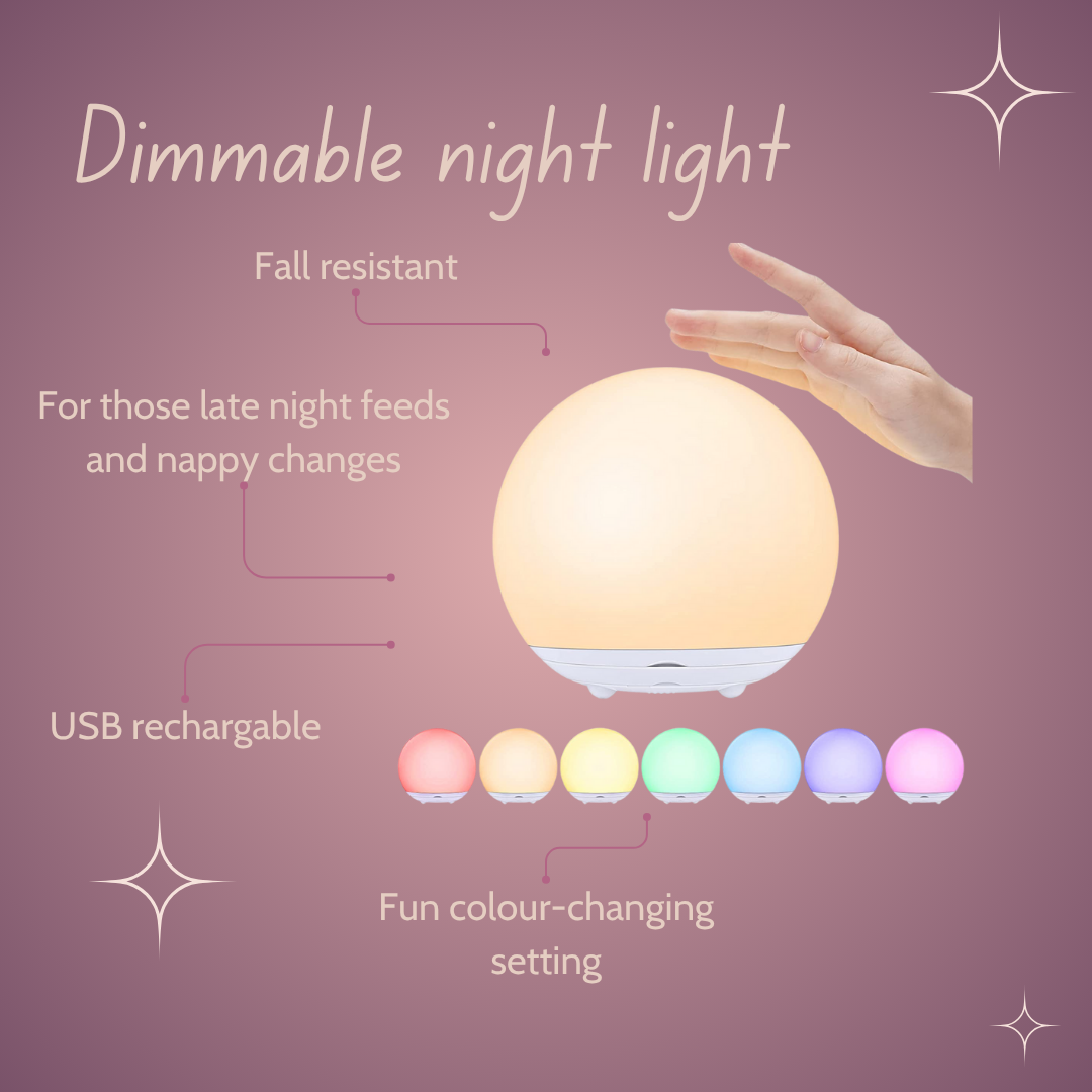 Dimmable night light with color-changing settings on pink background