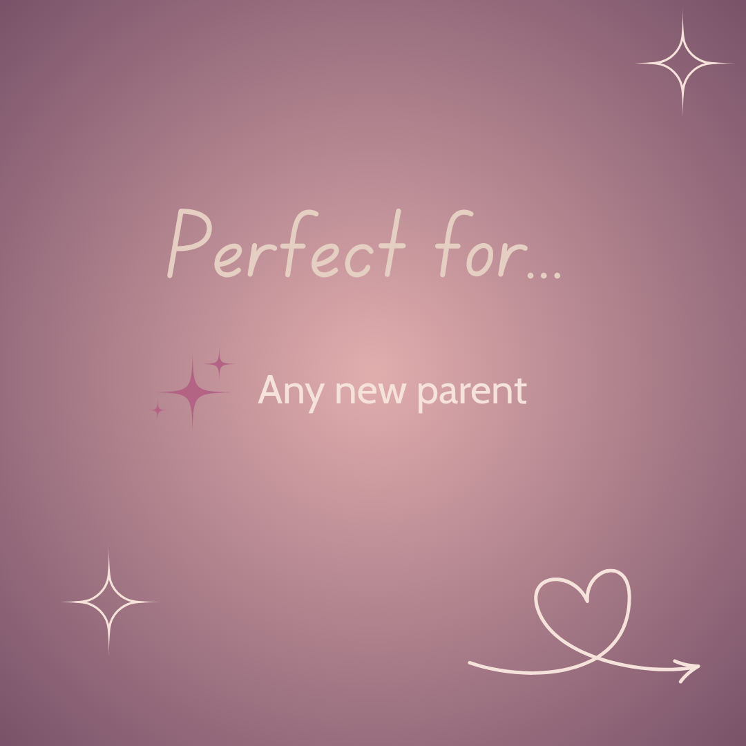 Gradient purple background with text 'Perfect for... Any new parent' and decorative elements.