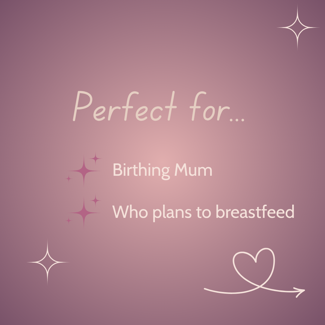 Text on a pink background indicating suitability for birthing mothers planning to breastfeed.