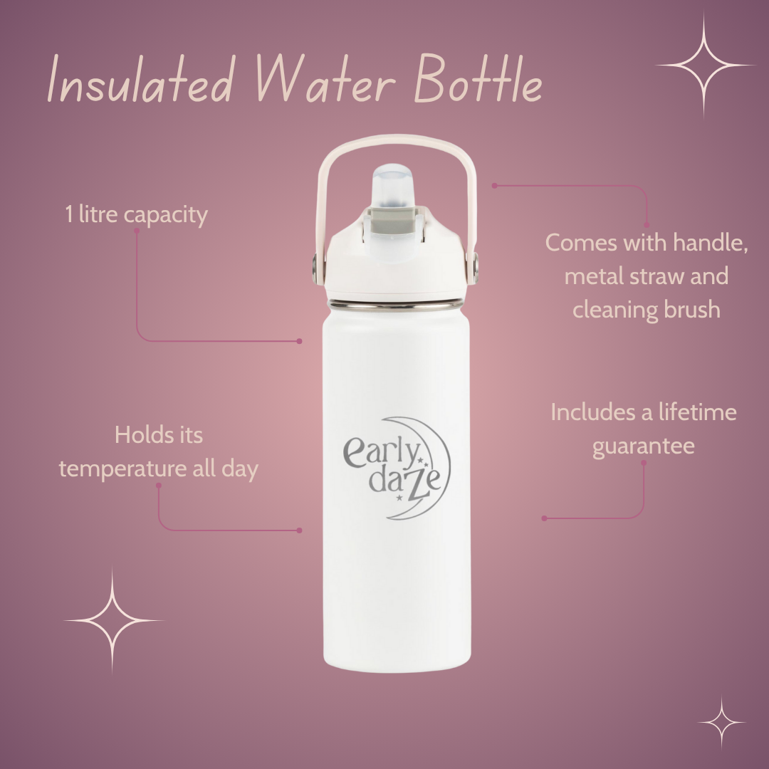 White insulated water bottle with early daze logo. Includes a handle, metal straw and cleaning brush 