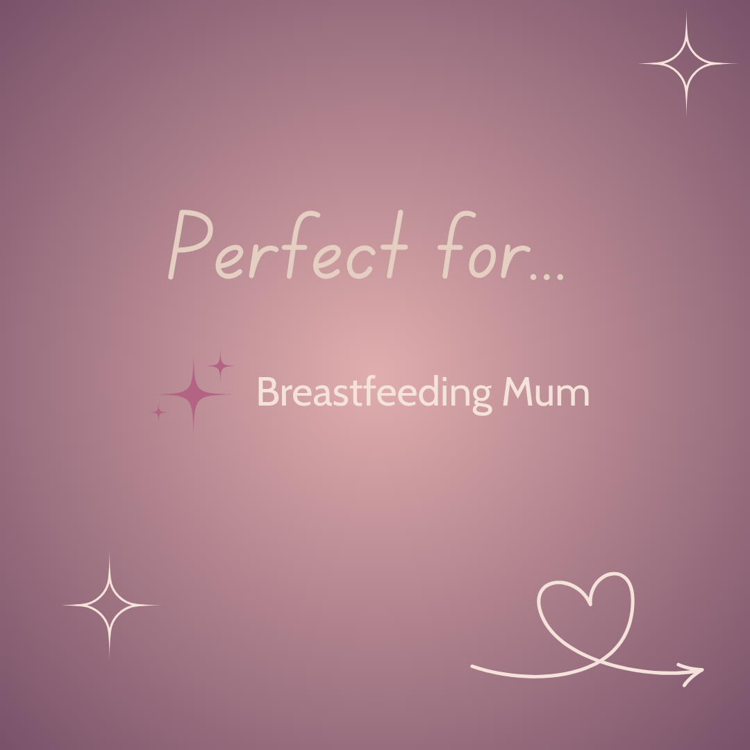 Text 'Perfect for... Breastfeeding Mum' on a pink gradient background with decorative elements.