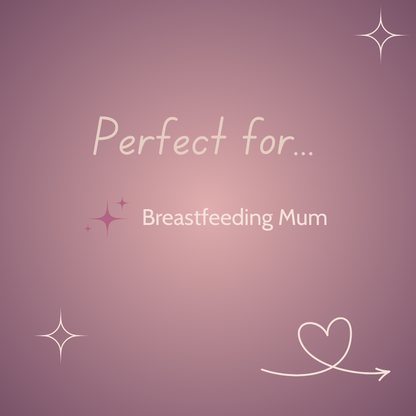 Text 'Perfect for... Breastfeeding Mum' on a pink gradient background with decorative elements.