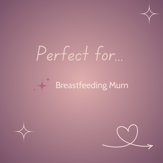 Text 'Perfect for... Breastfeeding Mum' on a pink gradient background with decorative elements.