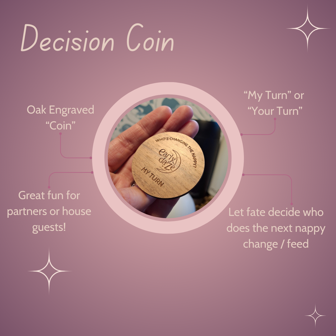 wooden coin with the words MY TURN including features on pink background