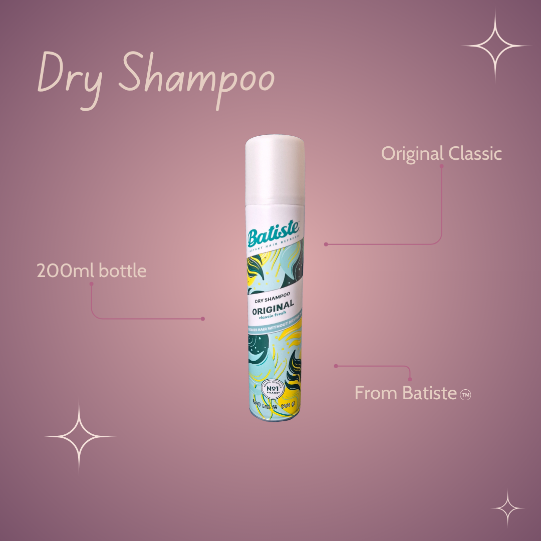Batiste dry shampoo can on a pink background with text indicating size and brand.