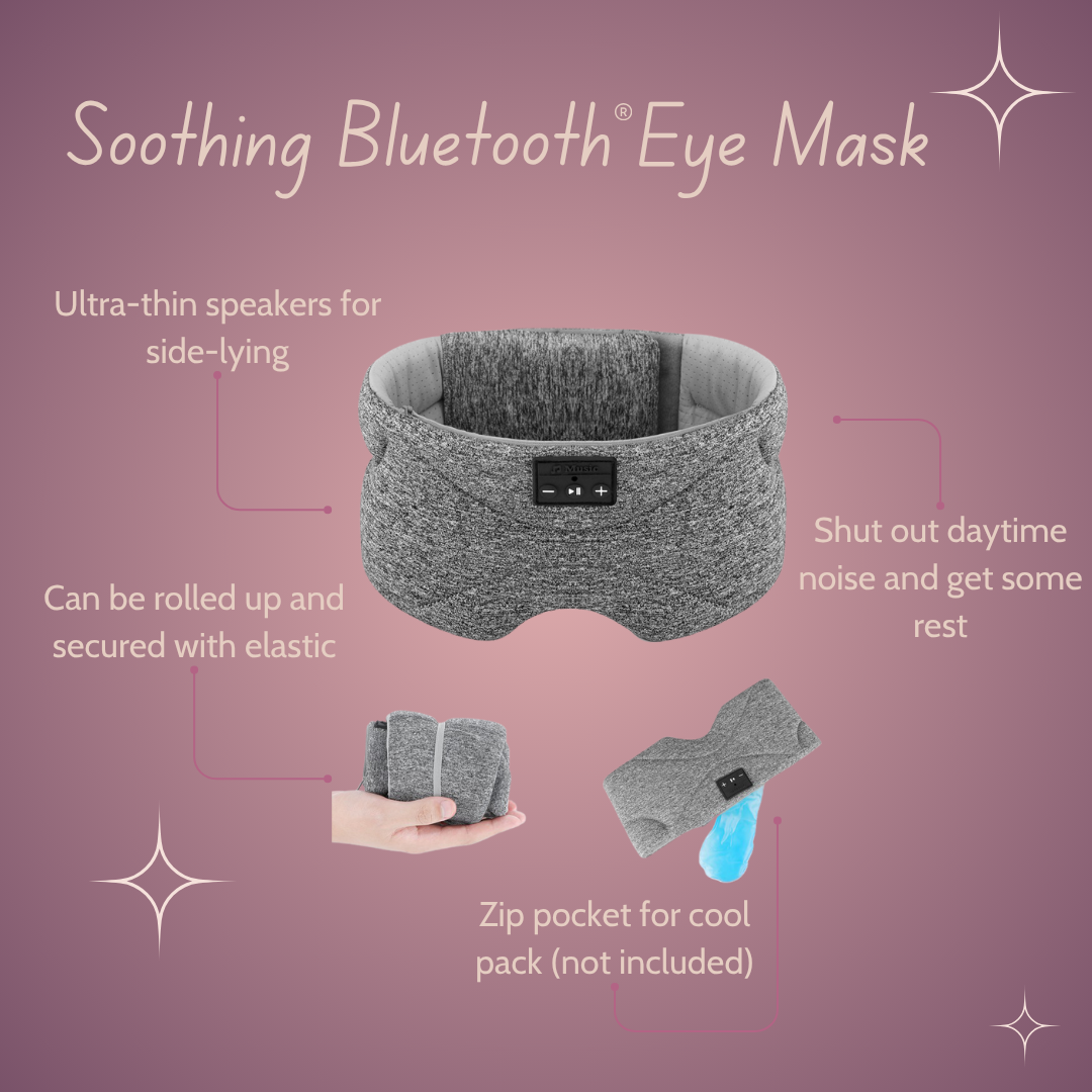 Soothing Bluetooth Eye Mask with features on a pink background