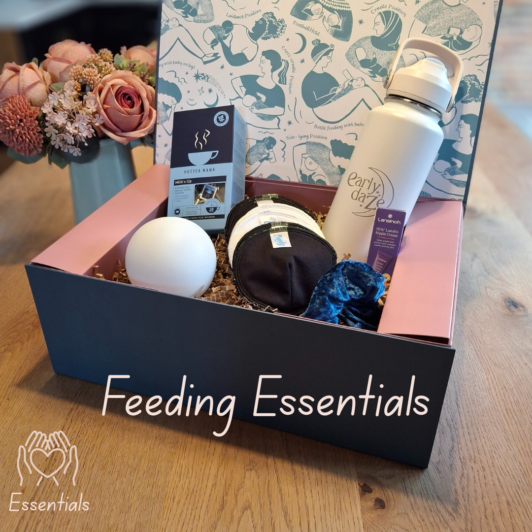 Box of feeding essentials including a bottle and other items on a wooden surface.