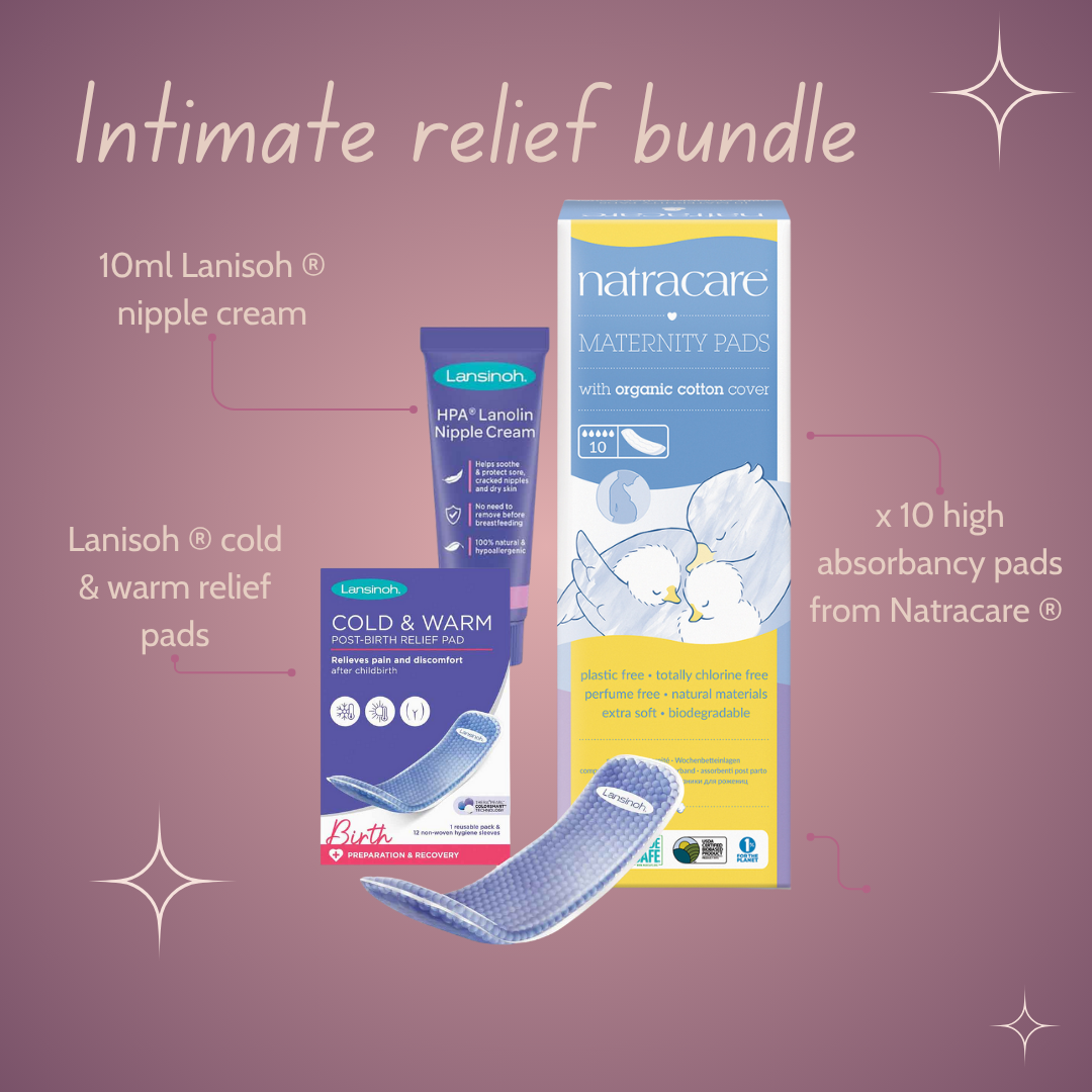 Intimate relief bundle with Lanisoh and Natracare products on a purple background