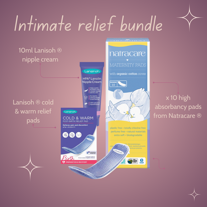 Intimate relief bundle with Lanisoh and Natracare products on a purple background
