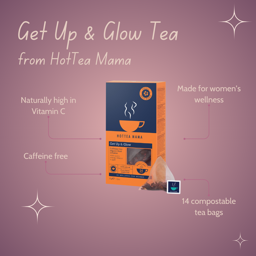 HotTea Mama Get Up & Glow Tea packaging on a purple background with text highlighting features.