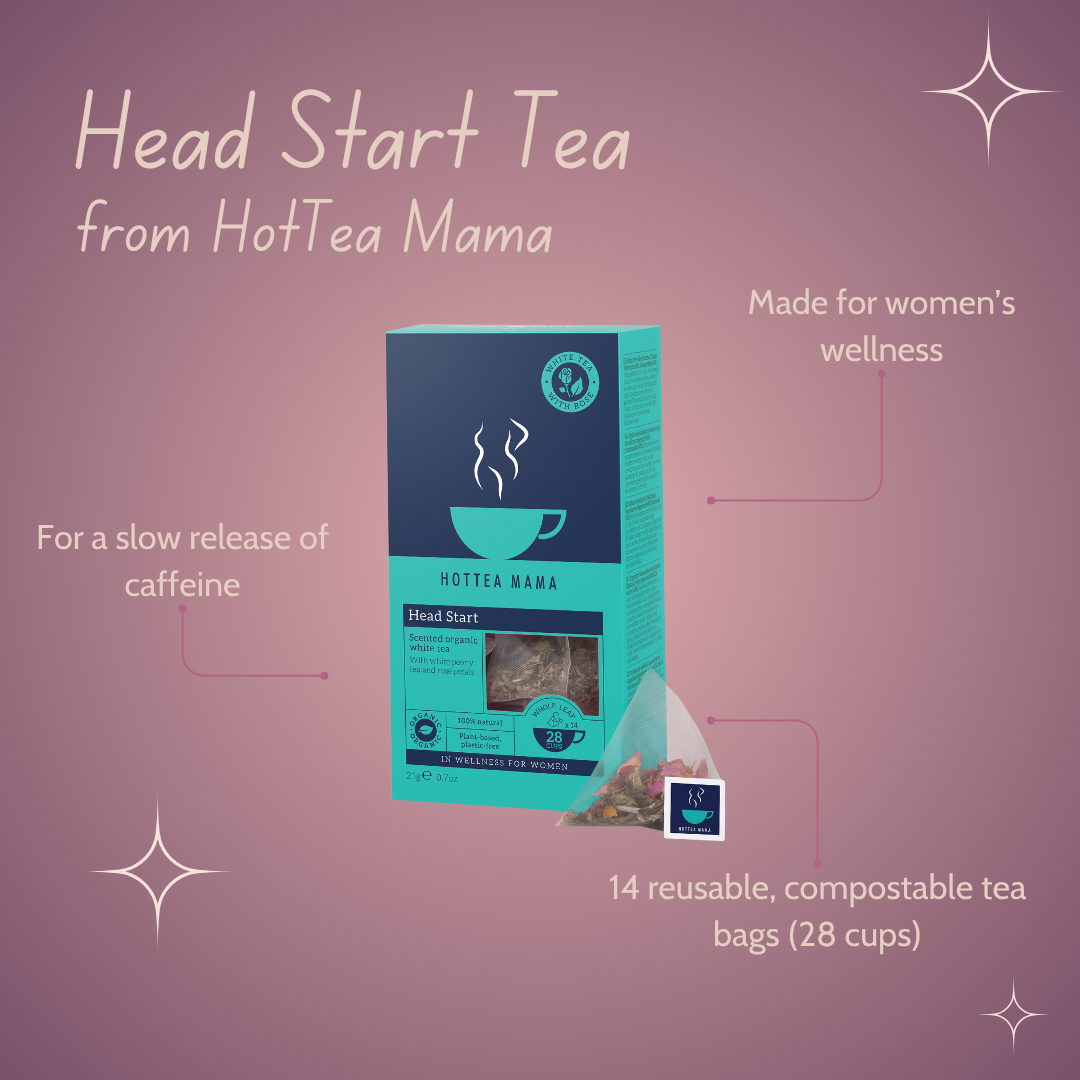 Box of 'Head Start Tea' from HotTea Mama on a purple background