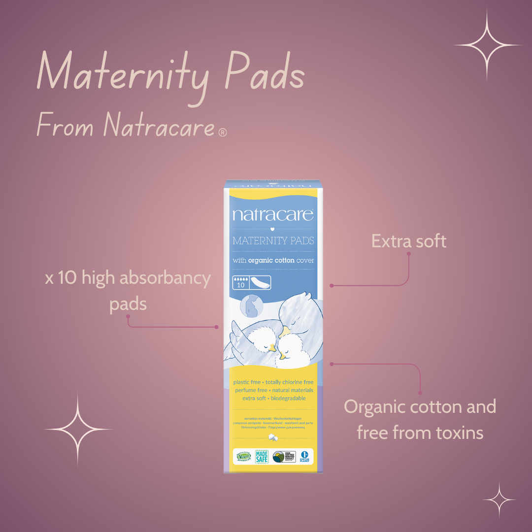 Package of Natracare maternity pads on a purple background with text highlighting features.