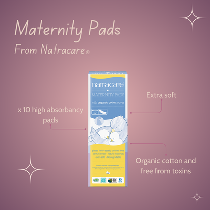 Package of Natracare maternity pads on a purple background with text highlighting features.