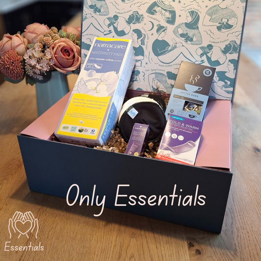 Gift box with various postpartum items with 'Only Essentials' text
