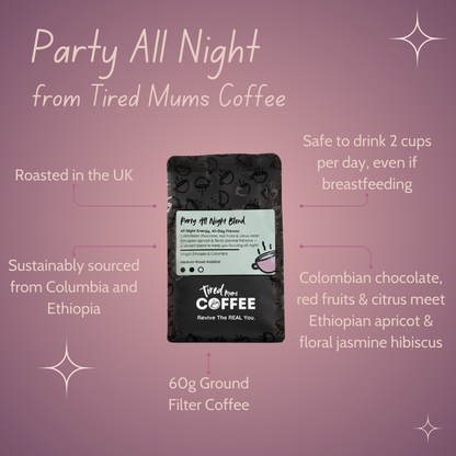Bag of Party All Night Coffee with features on pink background