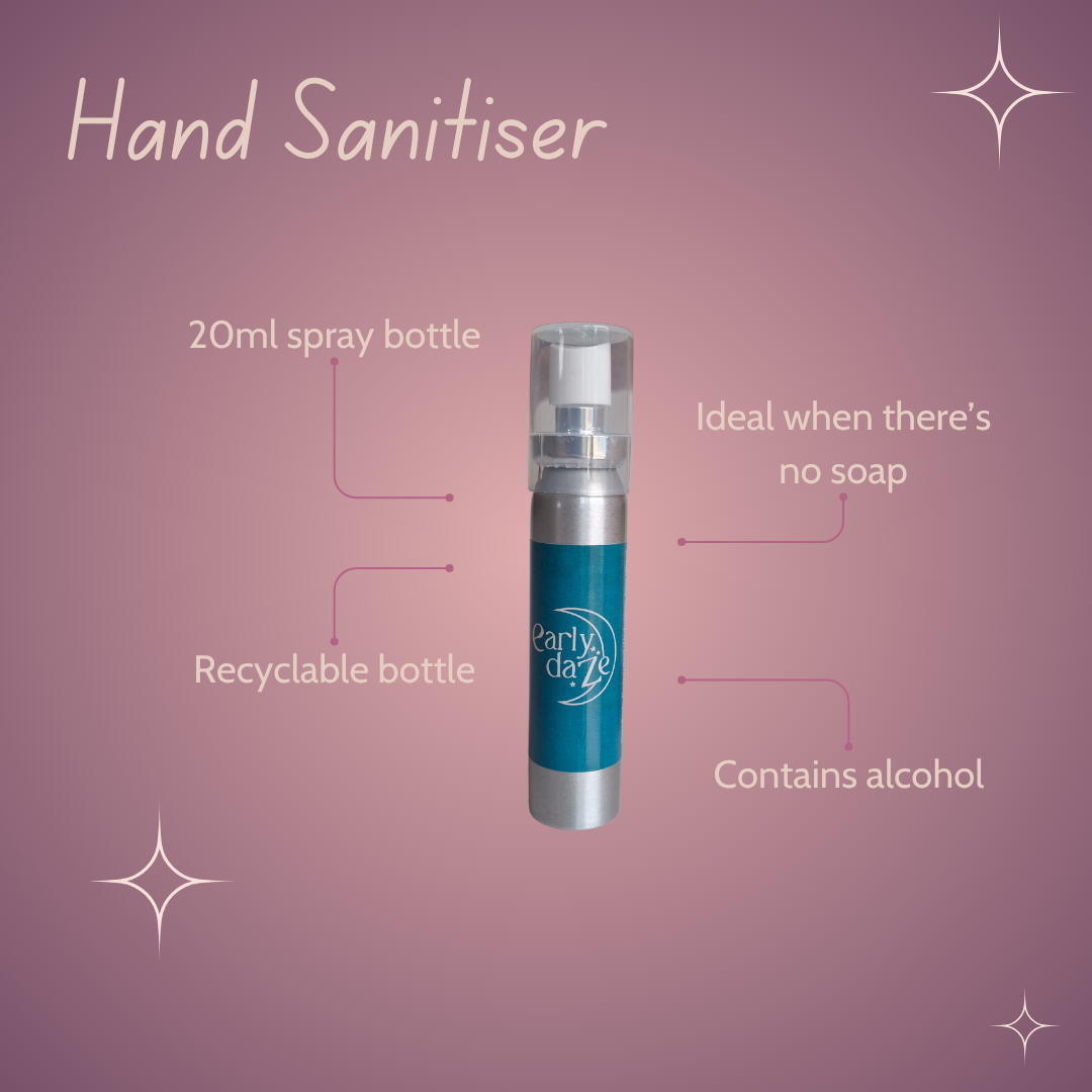 Hand sanitiser spray bottle with features on a pink background