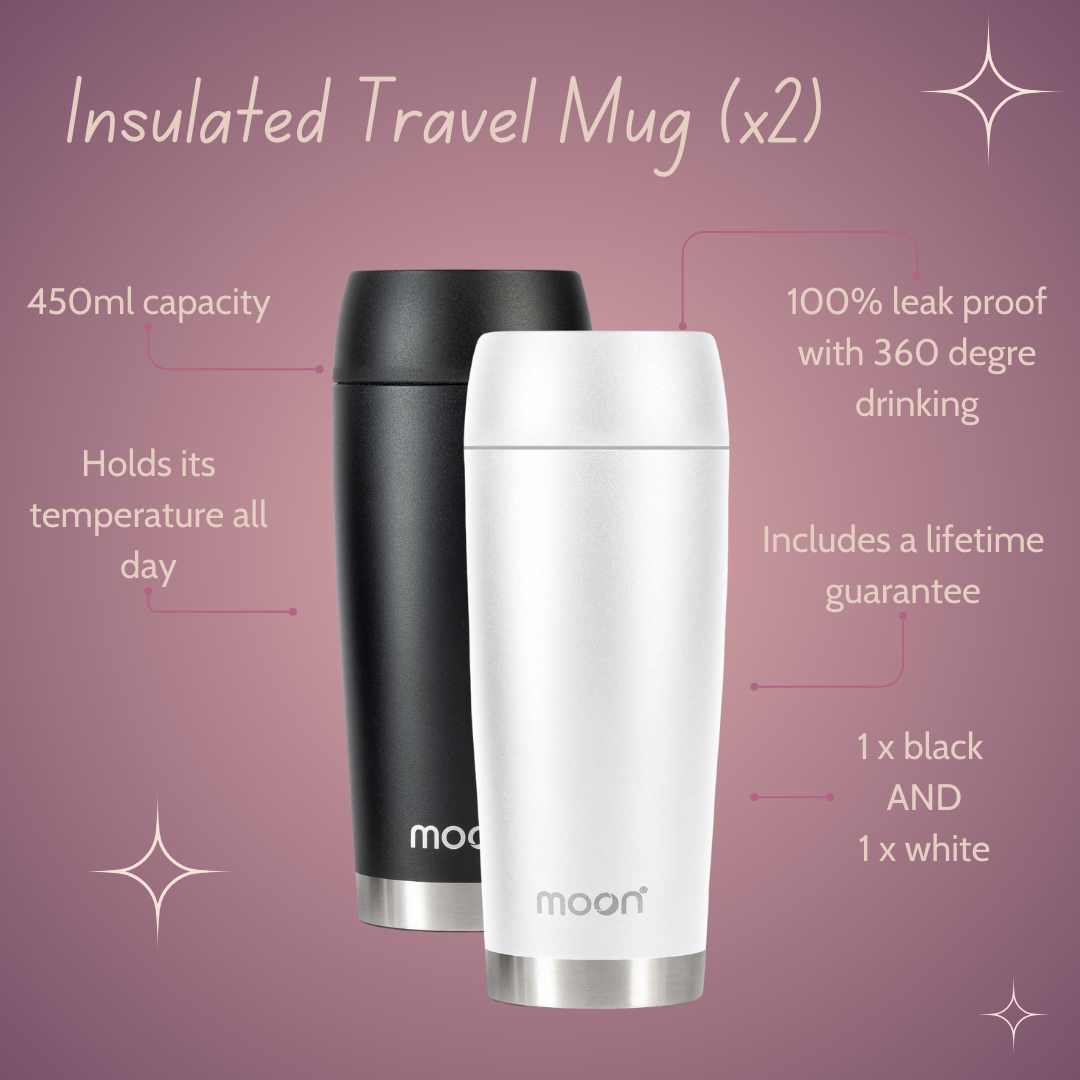 2 insulated travel mugs, one black, one white including features