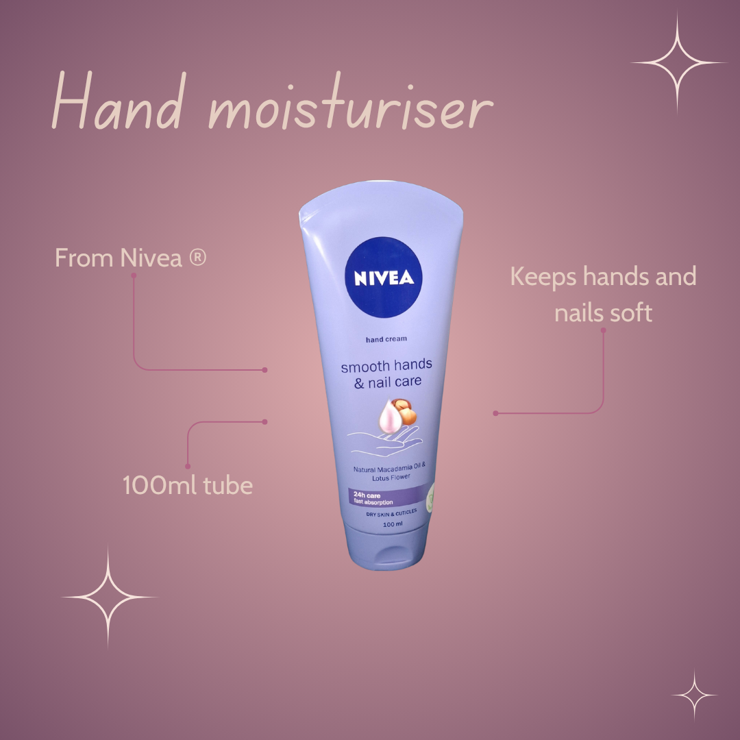 Nivea hand moisturizer tube on a pink background with text about product features.