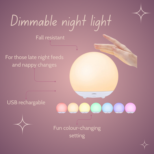 Dimmable night light with color-changing settings on pink background
