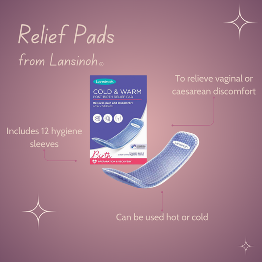 Lansinoh cold and warm relief pad packaging with product and features on a purple background